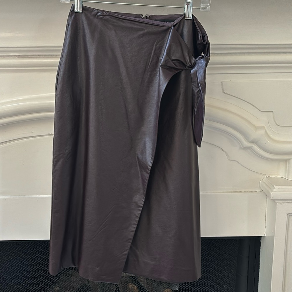 Wrap-Style Faux Leather Midi Skirt in Dark Brown